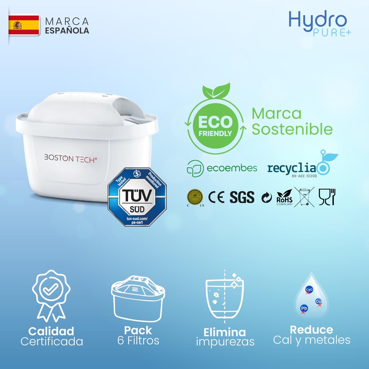 Filtros de agua Hydro Pure+ filtrantes compatibles con jarras Brita Maxtra/Maxtra+/PerfectFit/Amazon Basics que reducen la cal y el cloro NO REQUIERE ADAPTADOR (Paquete de 6) — view 2