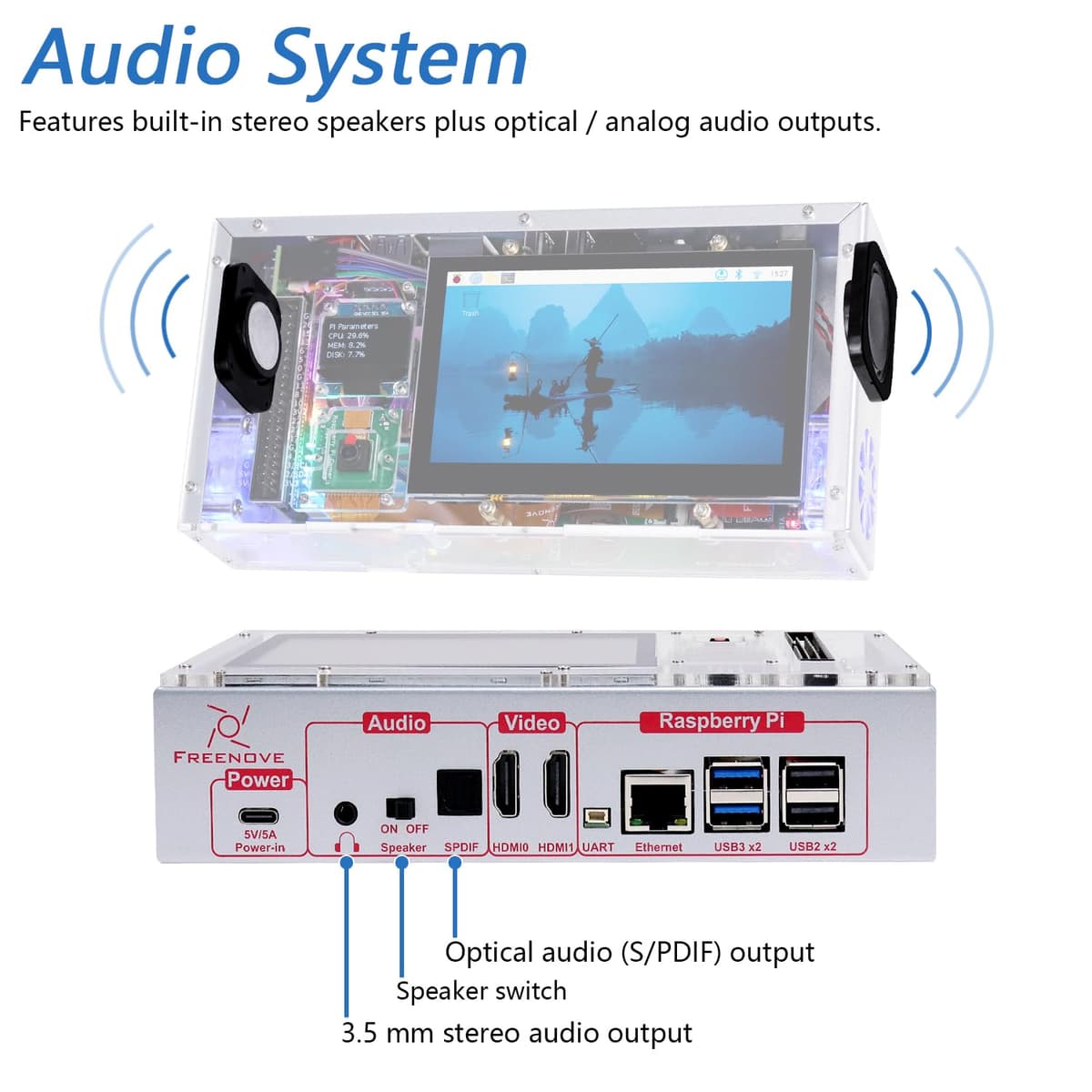 Freenove Computer Case Kit for Raspberry Pi 5 (Not Included), 128GB M.2 NVMe SSD 800 MB/s, 4.3 Inch Touchscreen, 5 MP Camera, OLED Screen, Stereo Speakers, 3.5 mm and Optical Audio (S/PDIF) — view 5
