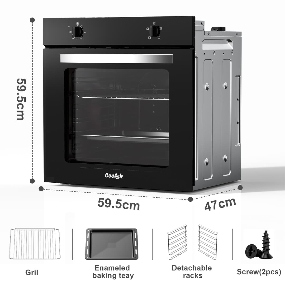 65L Built in Oven, 2000W Electric Single Oven Built in with Single Upper Tube, 4 Cooking Functions, 50℃-250℃ Knob Control, Detachable Door & Racks, Light, 6-Layer Racks — view 2