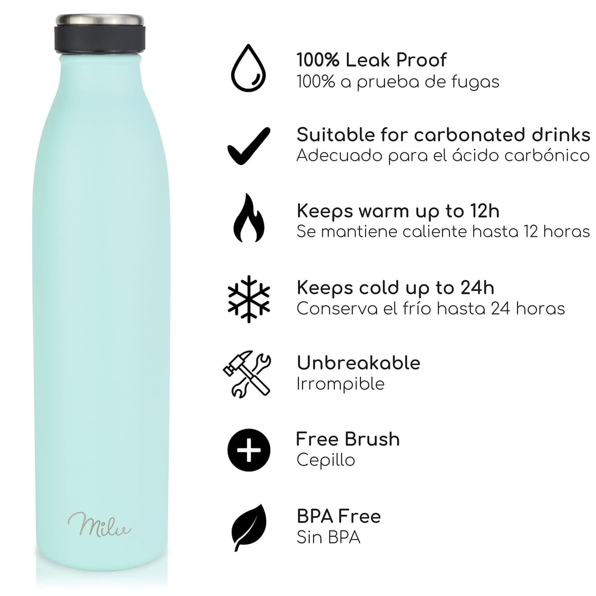 Milu Botella de acero inoxidable de 350ml 500ml 750 ml 1 L 1,5 L botella de agua aislada, termo a prueba de fugas, doble pared, apta para ácido carbónico + cepillo de limpieza (Azul Violeta, 350ml) — view 195