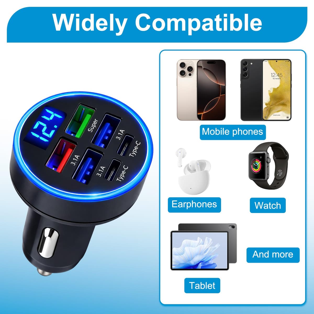 LED USB Car Charger Adapter 6 In 1, 6-Port 12/24V Fast USB Car Charger, 2 Type-C Ports Plus 4 USB Ports Cigarette Lighter USB Charger with Led Voltmeter, Compatible with Most Mobile Phones — view 5
