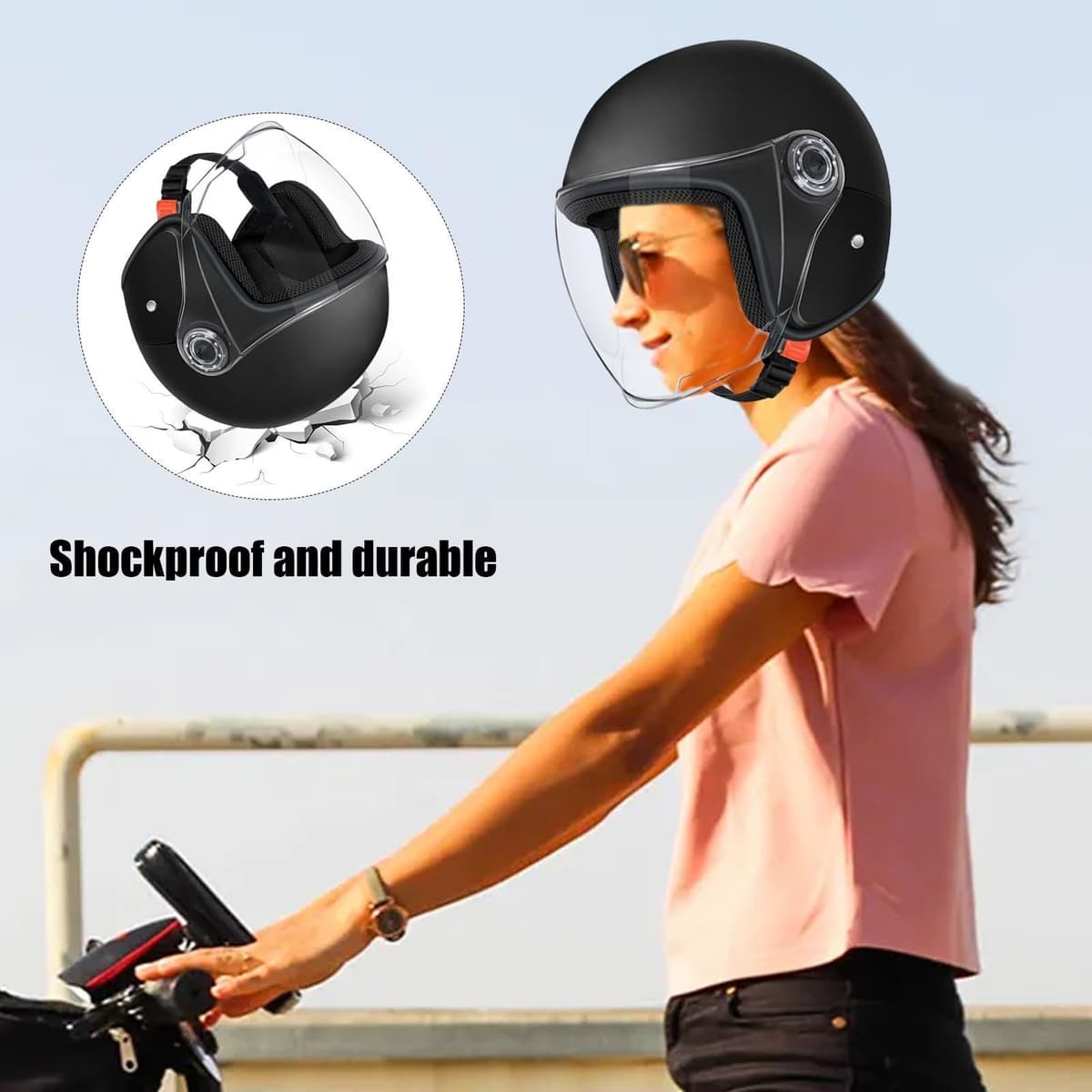 Casco Motocicleta Cara Abierta | Cascos Protectores de Moto | Casco de Scooter Adultos Resistente a los arañazos con Visera Solar | Cascos Moto Vintage para montaña Carretera & Scooter eléctrico — view 5