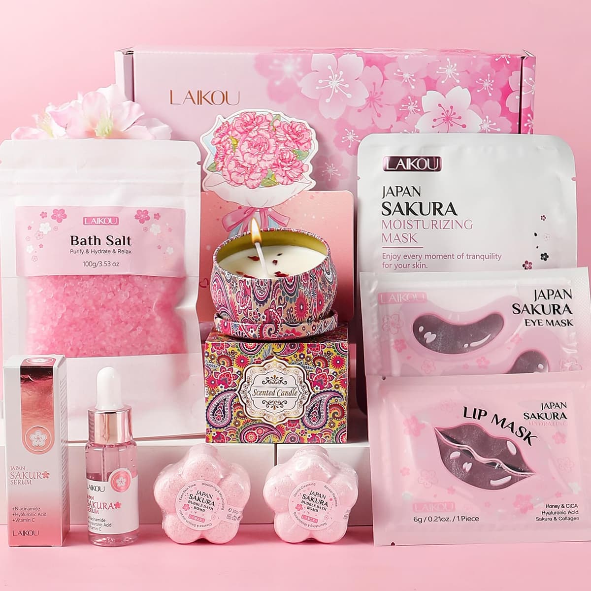 LAIKOU Sakura Women's Spa Relax Gift Set, 8 Pieces Personal Care for Women Gift, Serum, Masks, Scented Candle, Bath Salts and Pump, Gifts for Birthdays, Christmas, Valentine's Day