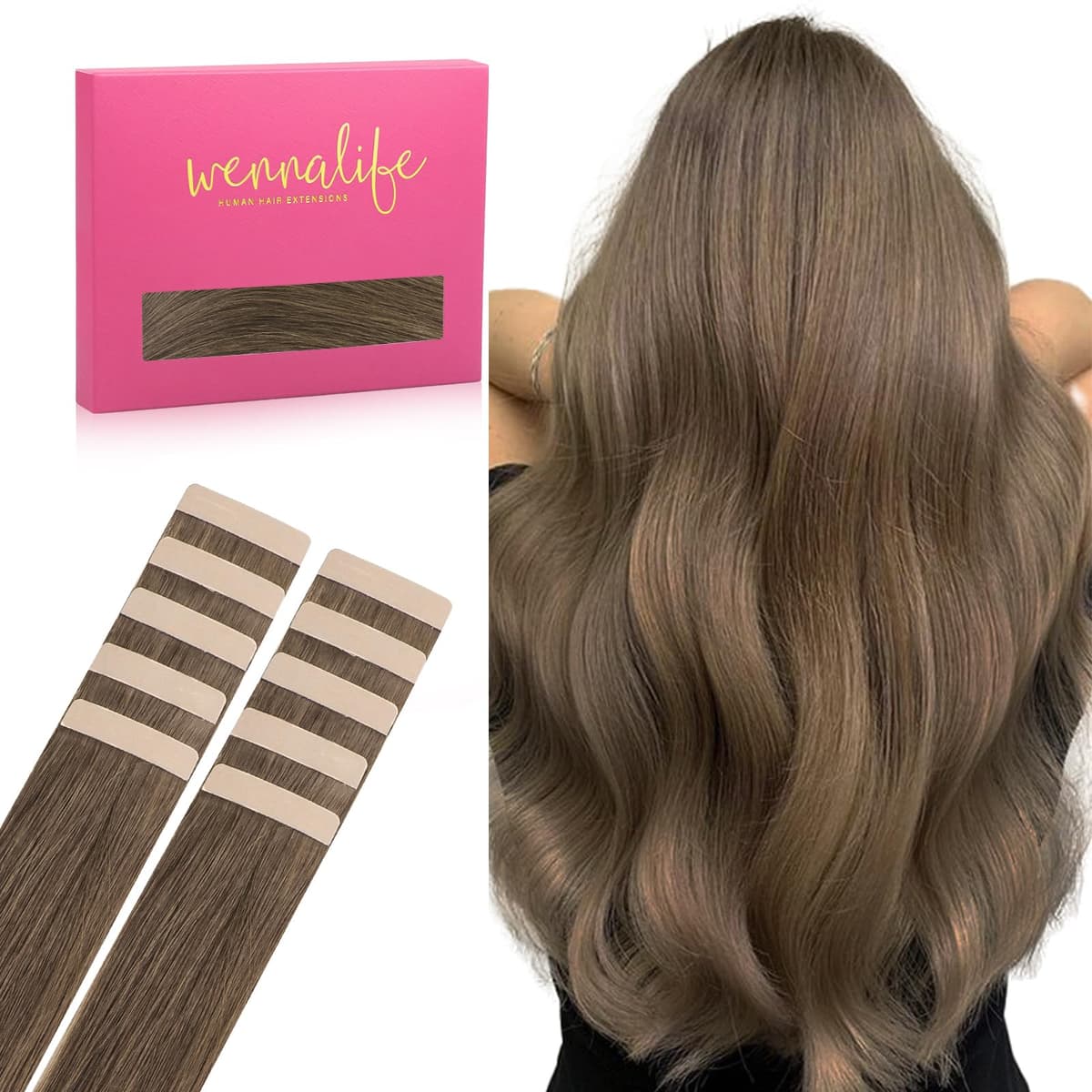 WENNALIFE Extensiones Adhesivas Pelo Natural, Marrón ceniza claro 45cm 25g 10 Piezas Extensiones de Remy Pelo Natural Cabello Humano Mechas Pelo Lacio Invisible para Niñas Mujeres Trenzas