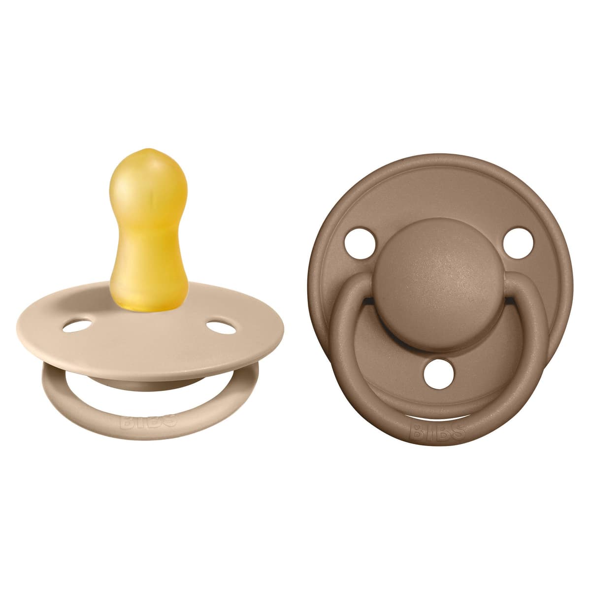 BIBS De Lux Dummies 2-Pack, BPA Free Dummy Pacifier, Round Nipple. Natural Rubber Latex, Size 1 (0-6 Months), Vanilla/Dark Oak