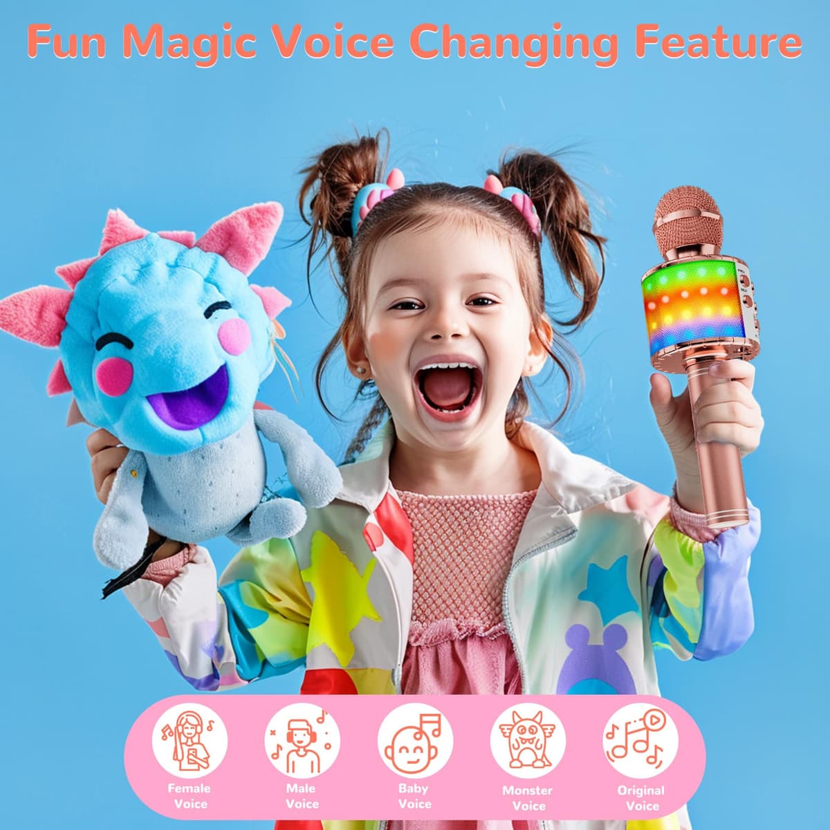 Ankuka Micrófono Karaoke Bluetooth Micrófono Inalámbrico para Niña con Luces LED Regalo Juguetes para Niños, Cambiador de Voz, Compatible con Android, iOS, PC Oro Rosa — view 2
