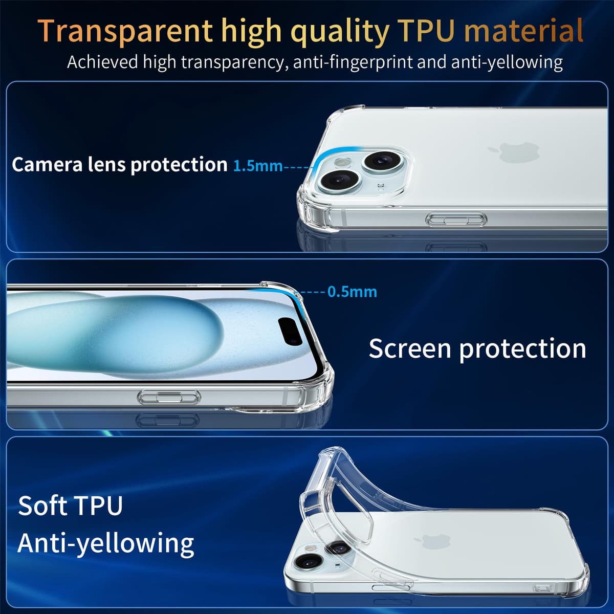 FLLAO 4 en 1 Funda para iPhone 15 con 2 Protector Pantalla y 1 Protector Lente Cámara, [Almohadilla de Aire integrada] Antigolpes Antiarañazos Carcasa 6,1 Pulgadas, Transparente — view 2