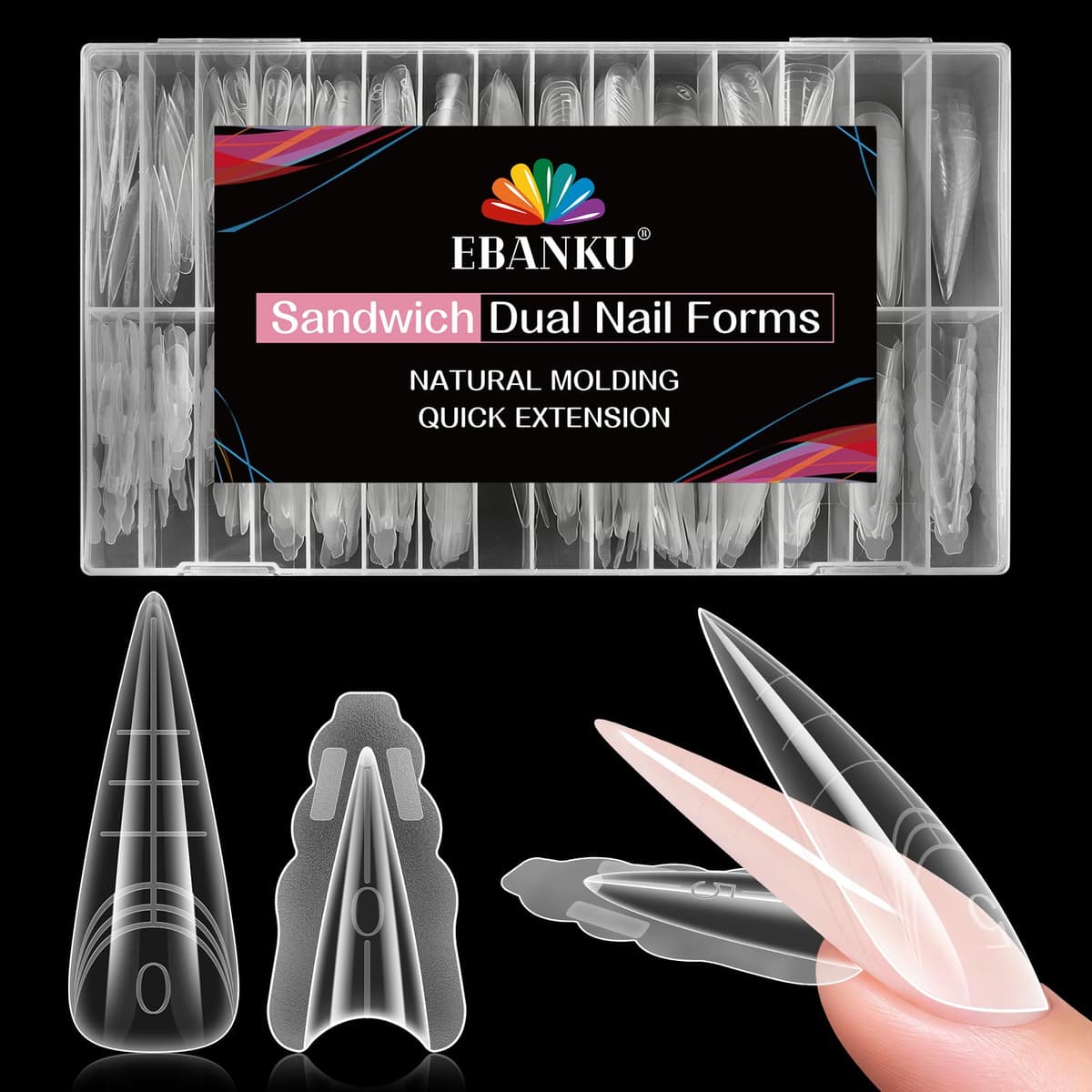 EBANKU 280PCS Sandwich Moldes Uñas, Transparent Top & Bottom Dual Nail Forms Stiletto Moldes Polygel Acrilicas Uñas Postizas para Herramientas de Manicura de Extensión