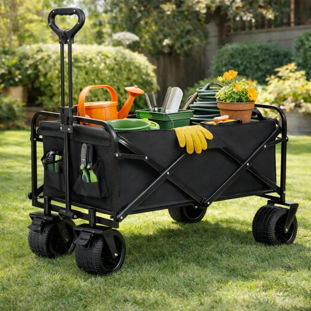 Carro de Mano Plegable con Ruedas Grandes Todoterreno | Carrito Multiusos Ideal Playa, Compra, Jardín o Camping | Carga hasta 150kg | Asa Ajustable | Auxiliar | Transporte de Herramientas o Juguetes — view 2