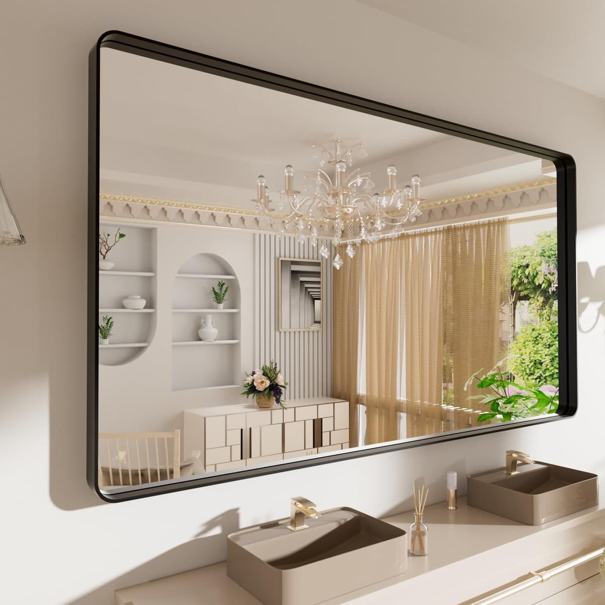 LOAAO 48”X36” Gold Bathroom Mirror, Rounded Rectangle Gold Frame Mirror, Brushed Gold Bathroom Vanity Mirror Wall-Mounted, Anti-Rust, Tempered Glass, Hangs Horizontally or Vertically — view 107