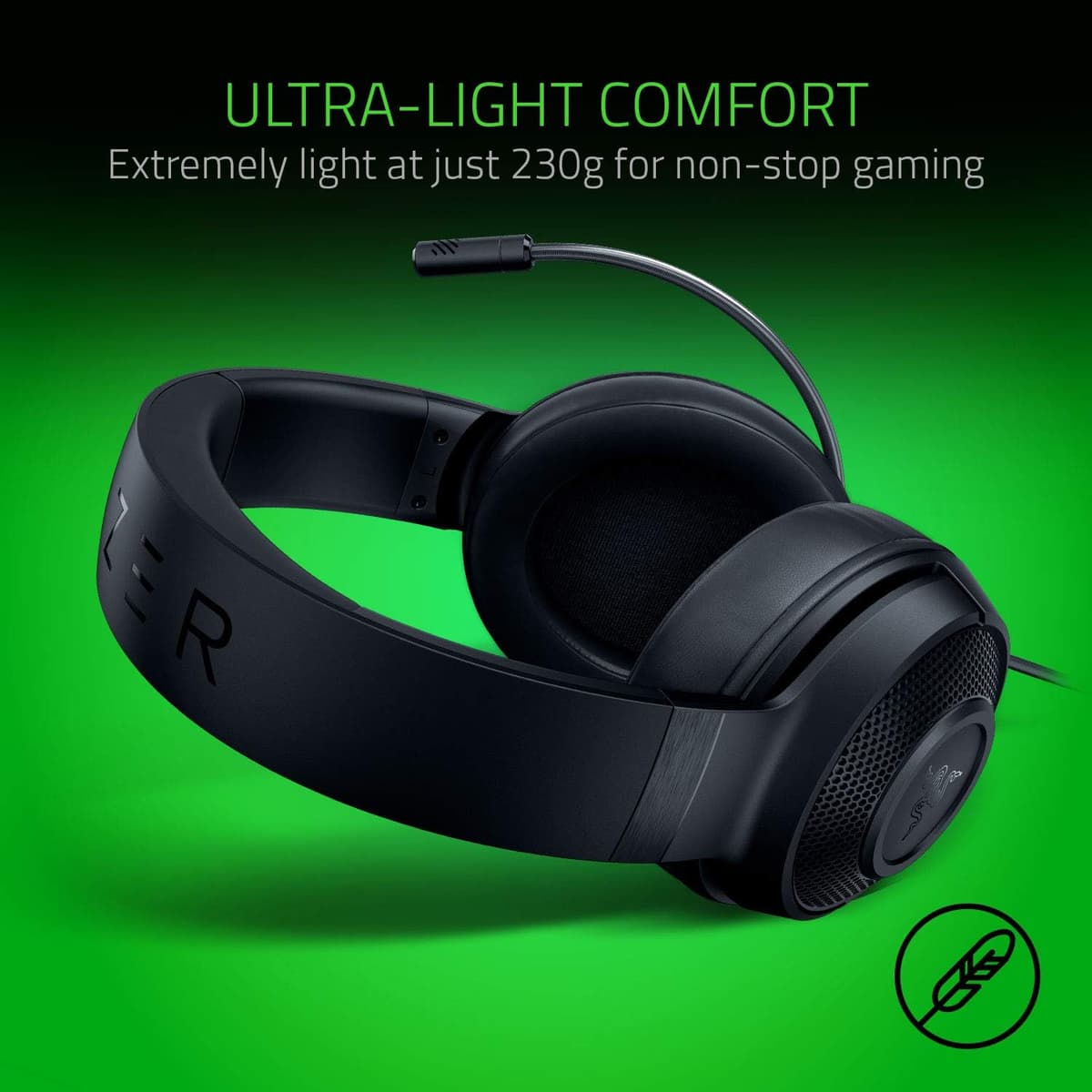 Razer Kraken X Lite - Wired Ultralight PC Gaming Headset - Surround Sound bendable cardioid microphone (230g light, 3.5 jack for PS4, PS5, Switch, Xbox One, Xbox Series X|S) Black — view 2