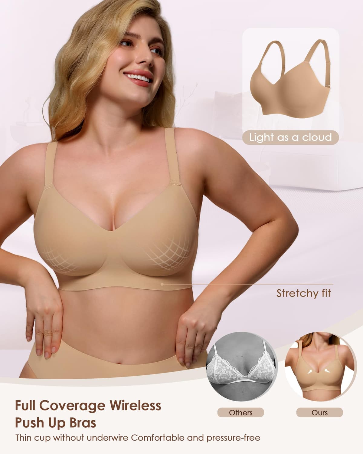 As Fairy Womens Soft Comfortable No Underwire Bras V Neck Seamless Push Up Bralettes Full Coverage Tshirt Brassiere — view 5