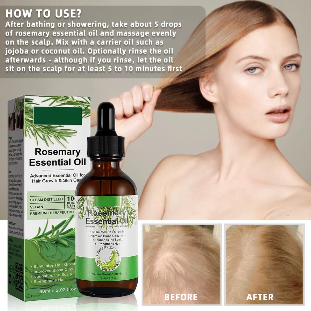 Aceite de Romero Para el Cabello, Aceite de Romero Para Mujeres y Hombres, Orgánic Rosemary Oil de La Piel, Cejas, Pestañas, Nutre el Cuero Cabelludo y Estimula el Crecimiento del Cabello (60ML) — view 3
