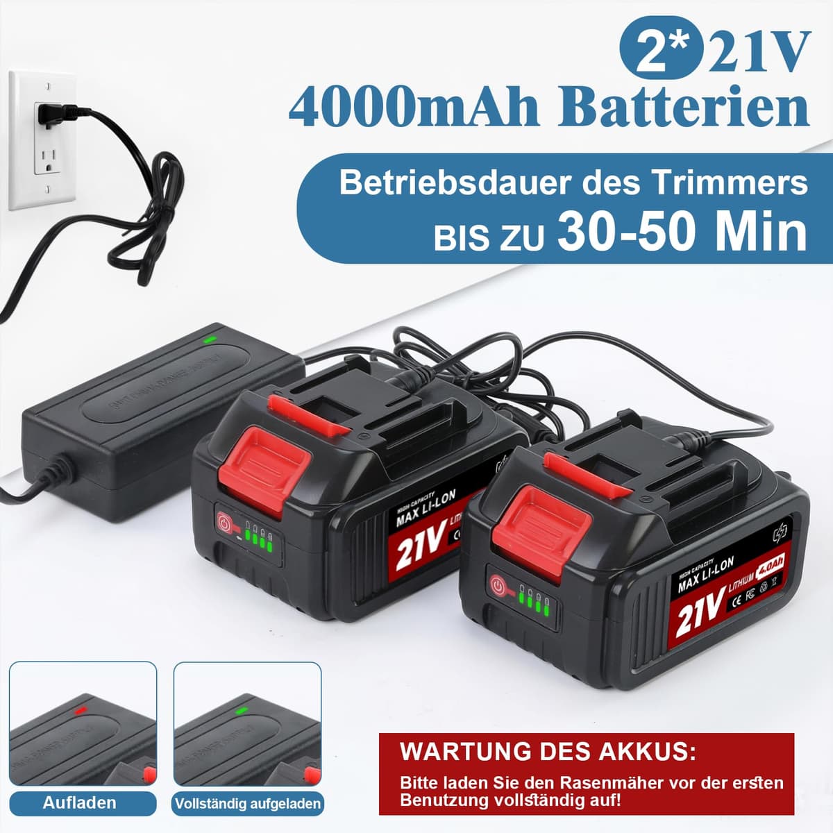 Desbrozadora Bateria 21V, Desbrozadora Electrica con 2 x 4.0Ah Baterías, Cortacesped Electrico 5 En 1 Cortabordes Bateria con Cepillo de Malas Hierbas, Motor sin Escobillas, Pantalla LED, Azul — view 3