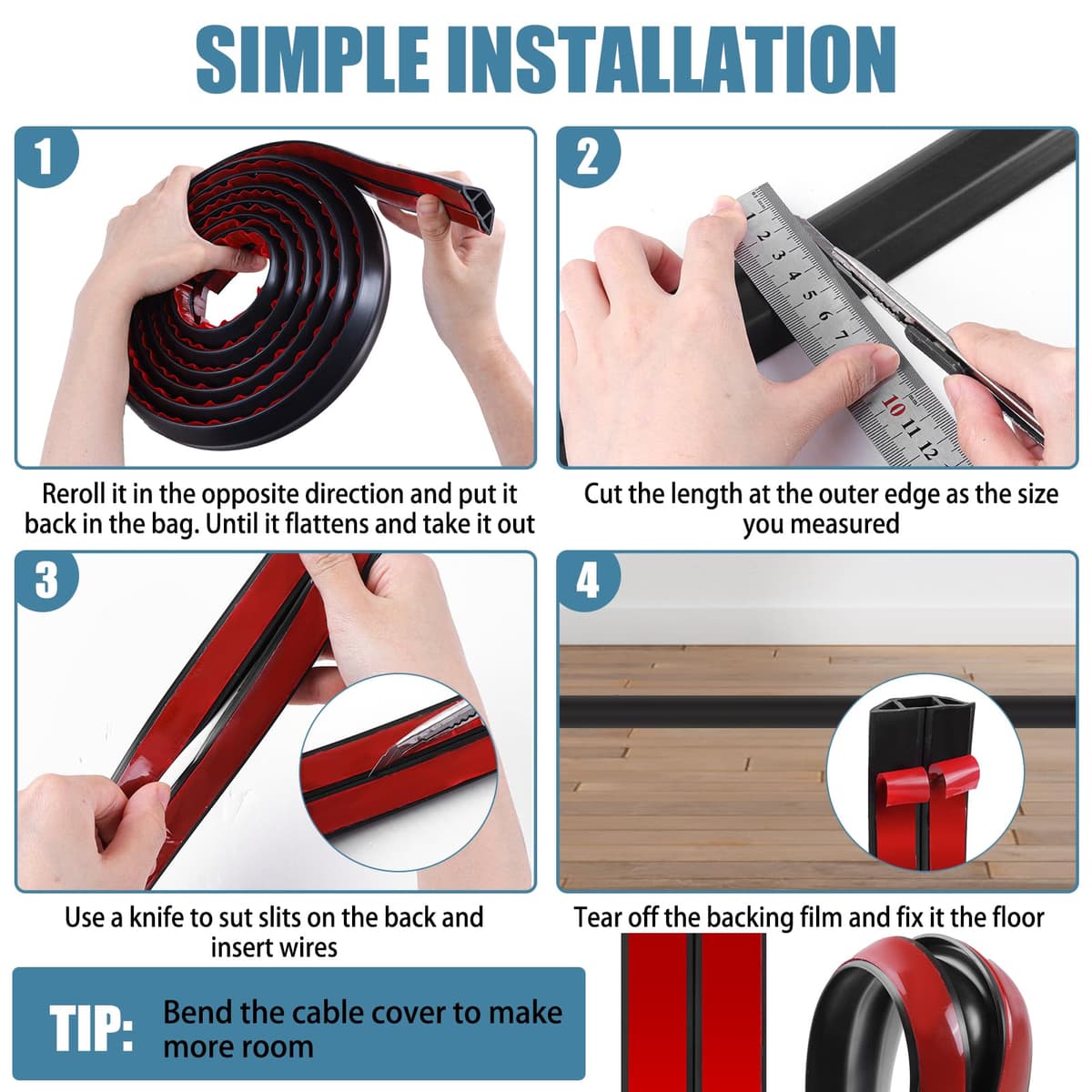 Canaletas para Cables Adhesivas, Madera Pasacables Suelo Goma, Canaleta Cables, para Uso en Oficinas, Escuela, Almacén, Conciertos, Etc, para Proteger Los Cables Evitar Riesgos deTropiezo — view 5