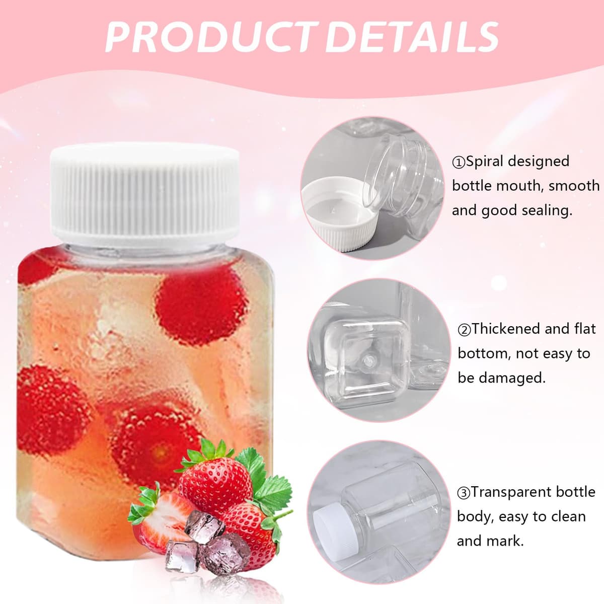 16 Piezas Botellas de Jugo Reutilizables 100ML, Mini Botella de Plástico Cuadrado Transparente y Pegatinas, Botellas de Plástico con Tapa para Guardar Zumo Batidos Bebidas — view 3