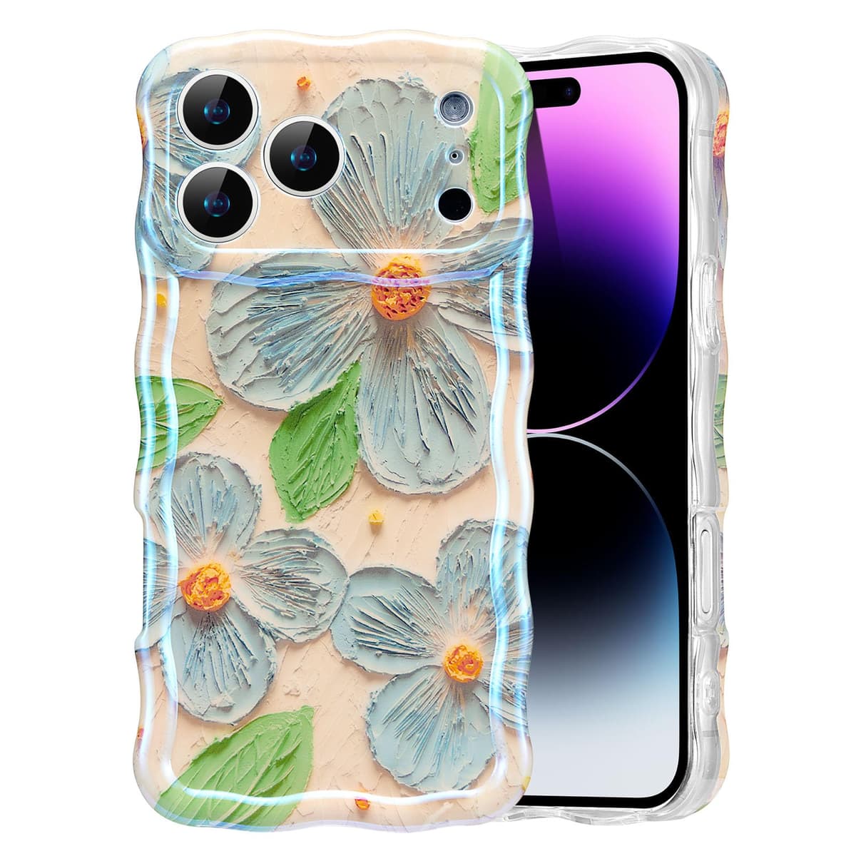 EYZUTAK Case for iPhone 16, Colorful Retro Oil Painting Printed Flower Laser Glossy Pattern Cute Curly Wave Edge Exquisite Phone Cover Stylish Durable TPU Protective Case for Girl Women-Green — view 24