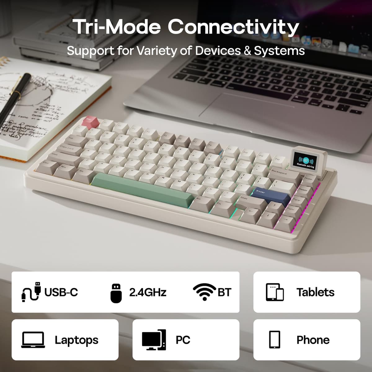 EPOMAKER RT82 Teclado Mecánico Inalámbrico para Juegos con Pantalla, Personalizable con Via, 2.4GHz/USB-C/BT5.0, RGB, Gasket, Amortiguado de 5 Capas, Teclas PBT, Hot-Swap, US ANSI (Creamy Jade) — view 4