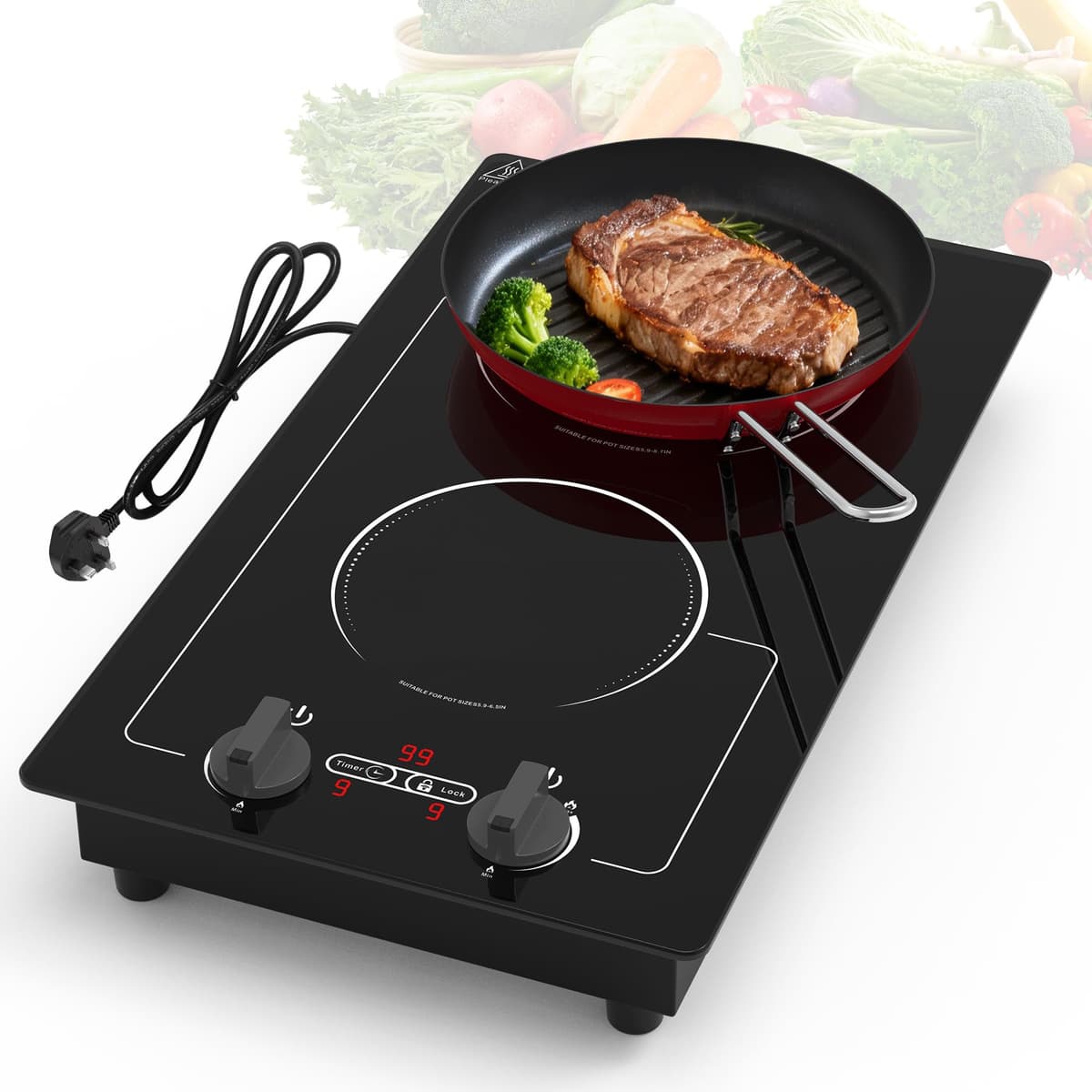 VBGK Induction Hob,220V 3000W twin induction hob with LED Touch Screen, 10 Power Levels, Kids Lock & Timer, Overheat Protection, knob and touch control Double Induction Hob