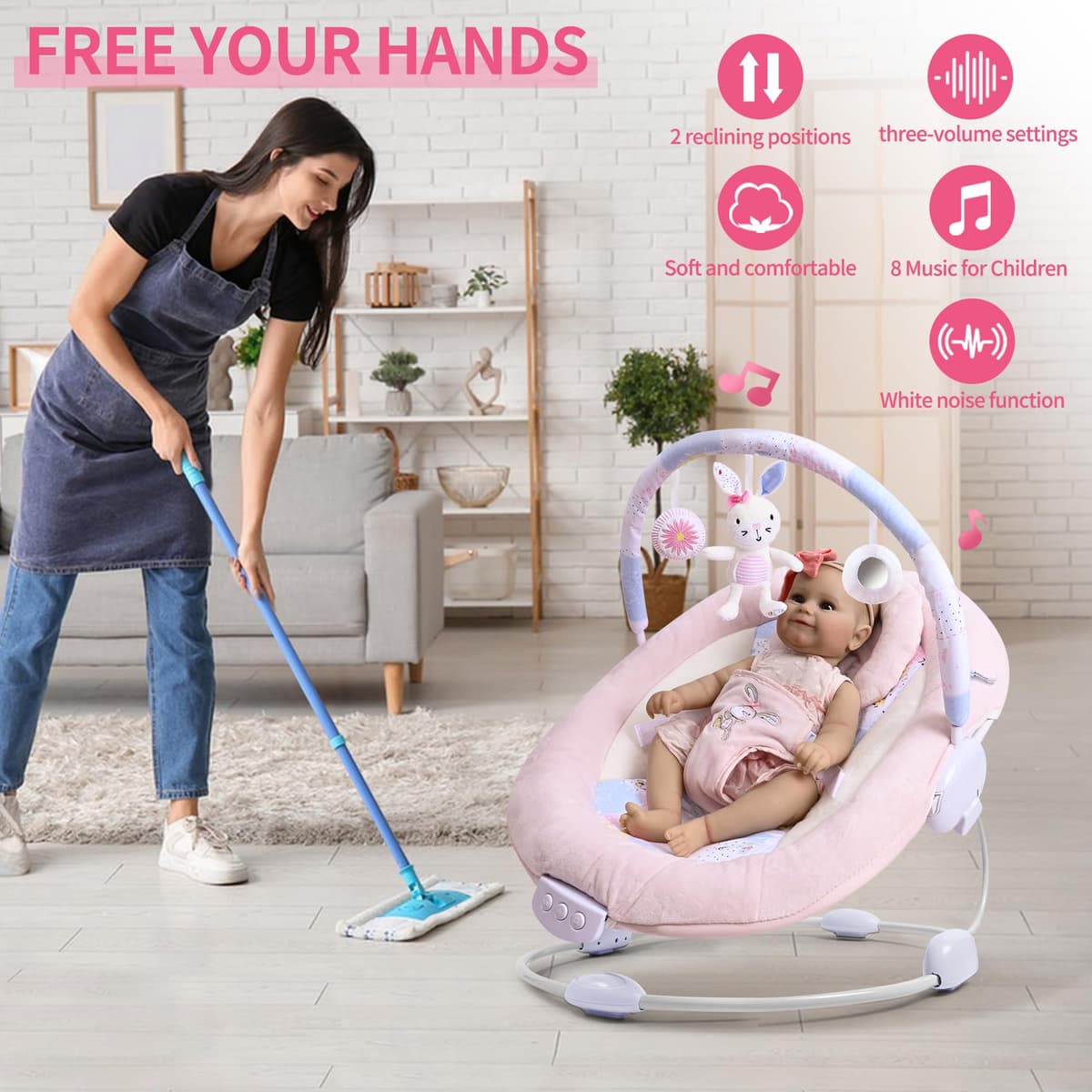 LADIDA Soft and Padded Baby Bouncer with Soothing Music and Vibration, Pretty Pink Rabbit Theme, Suitable for Newborns — view 2