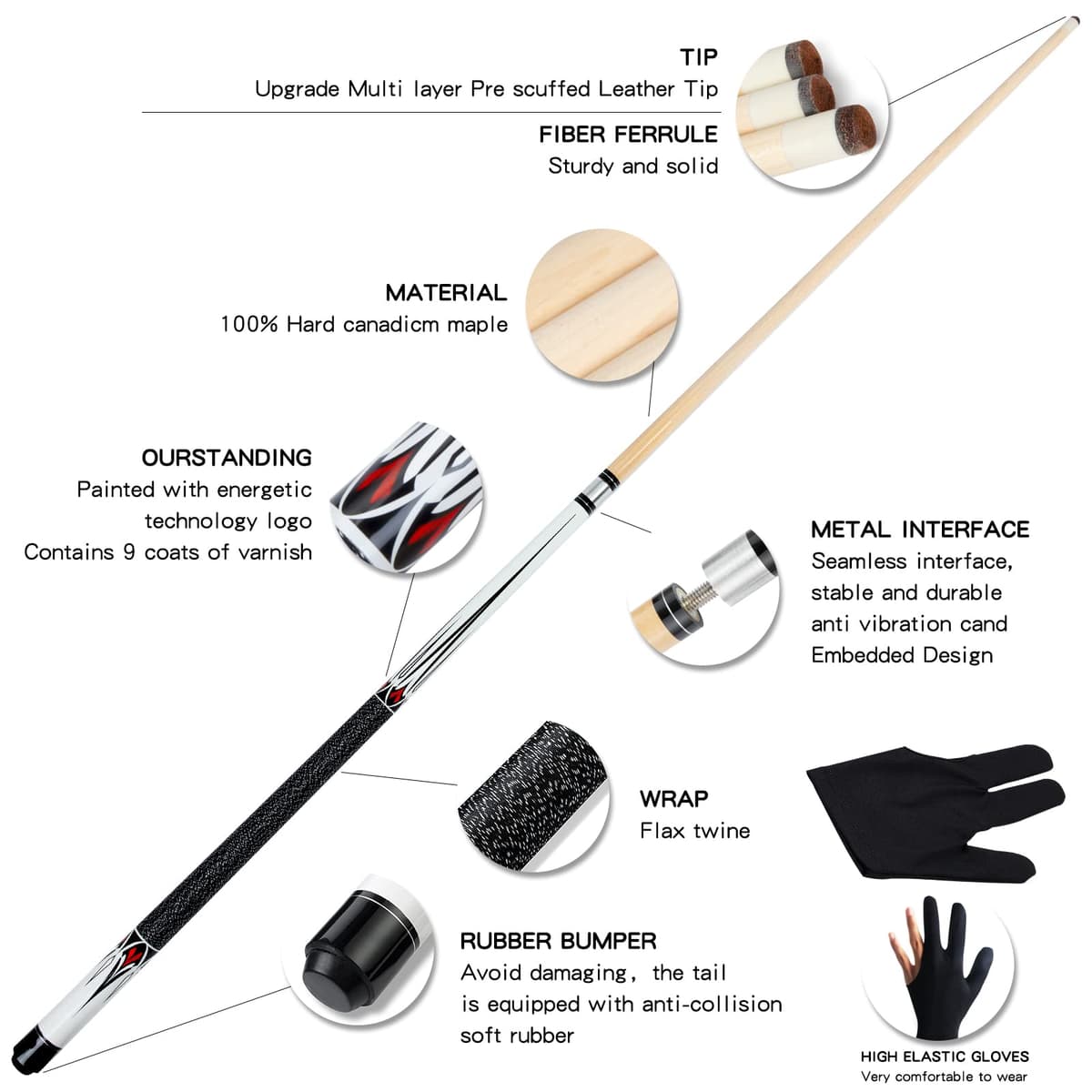 Pool Cue Stick - 58 Inch Maple Billiard Pool Stick, 19/20/21 oz 1/2 Maple Pool Cue Stick Kit, 2-Piece Billiard Pool Cue Stick — view 2