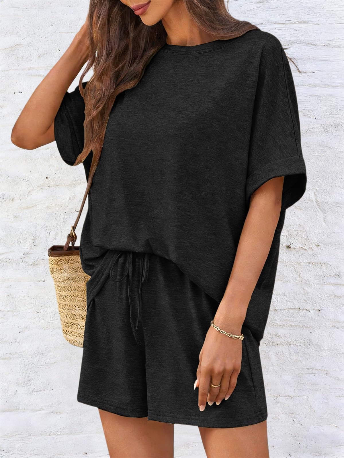 Mujer Conjunto Chándal 2 Piezas De Pantalones Verano Cortos Con Casual De Camiseta Bolsillos Y Cuello Redondo Top，Negro，S — view 4