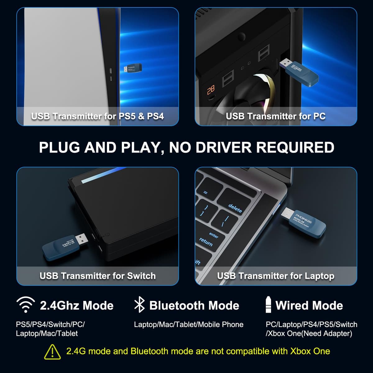 PHOINIKAS Cascos Gaming Inalámbricos para PC/PS5/PS4, Auriculares Gaming Inalámbricos de 2,4GHz USB Wireless+Bluetooth 5.3, Baja Latencia Calidad de Sonido 7.1 sin Pérdidas, 30+ Horas, Luz LED (Azul) — view 2