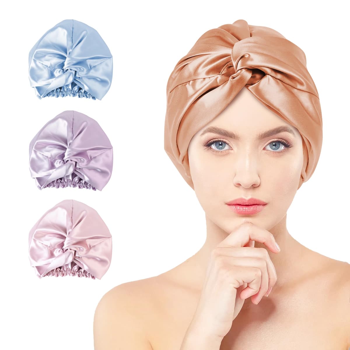 townssilk Gorro de noche para mujer, 100% seda de morera, gorro de ducha de seda de 16 mommes, bueno para el cabello, protege el cabello, gorro de noche de seda, doble capa, canela — view 2
