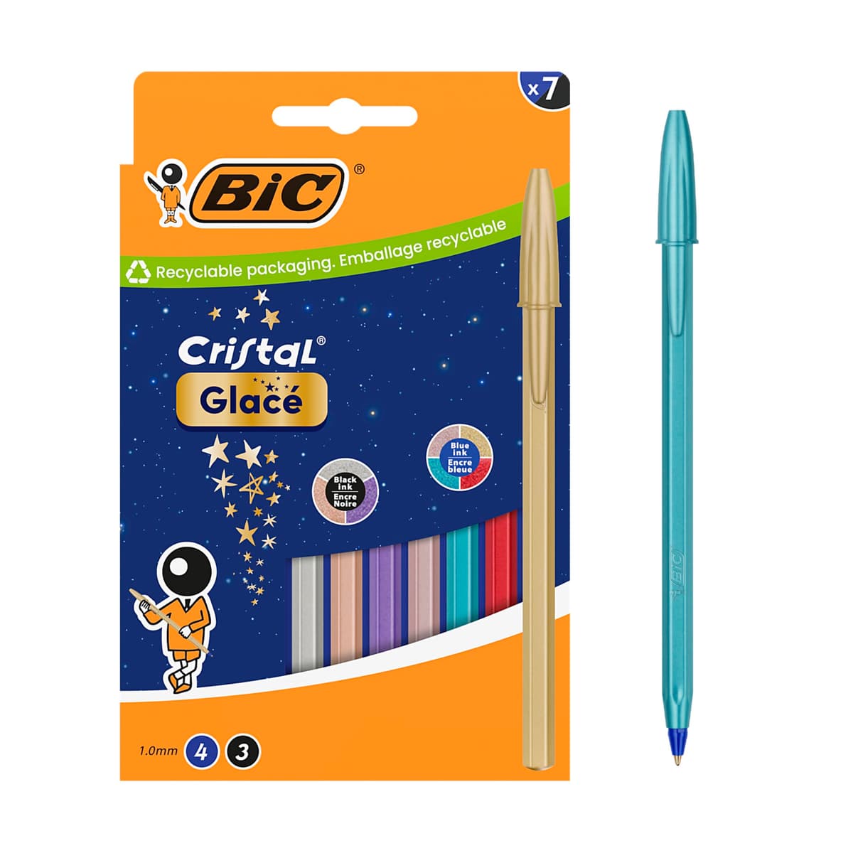 BIC Cristal Glacé Bolígrafos de Punta Media (1,00 mm) con Recambios de Tinta Recargables - 4 con Tinta Azul, 3 con Tinta Negra, Caja de 7