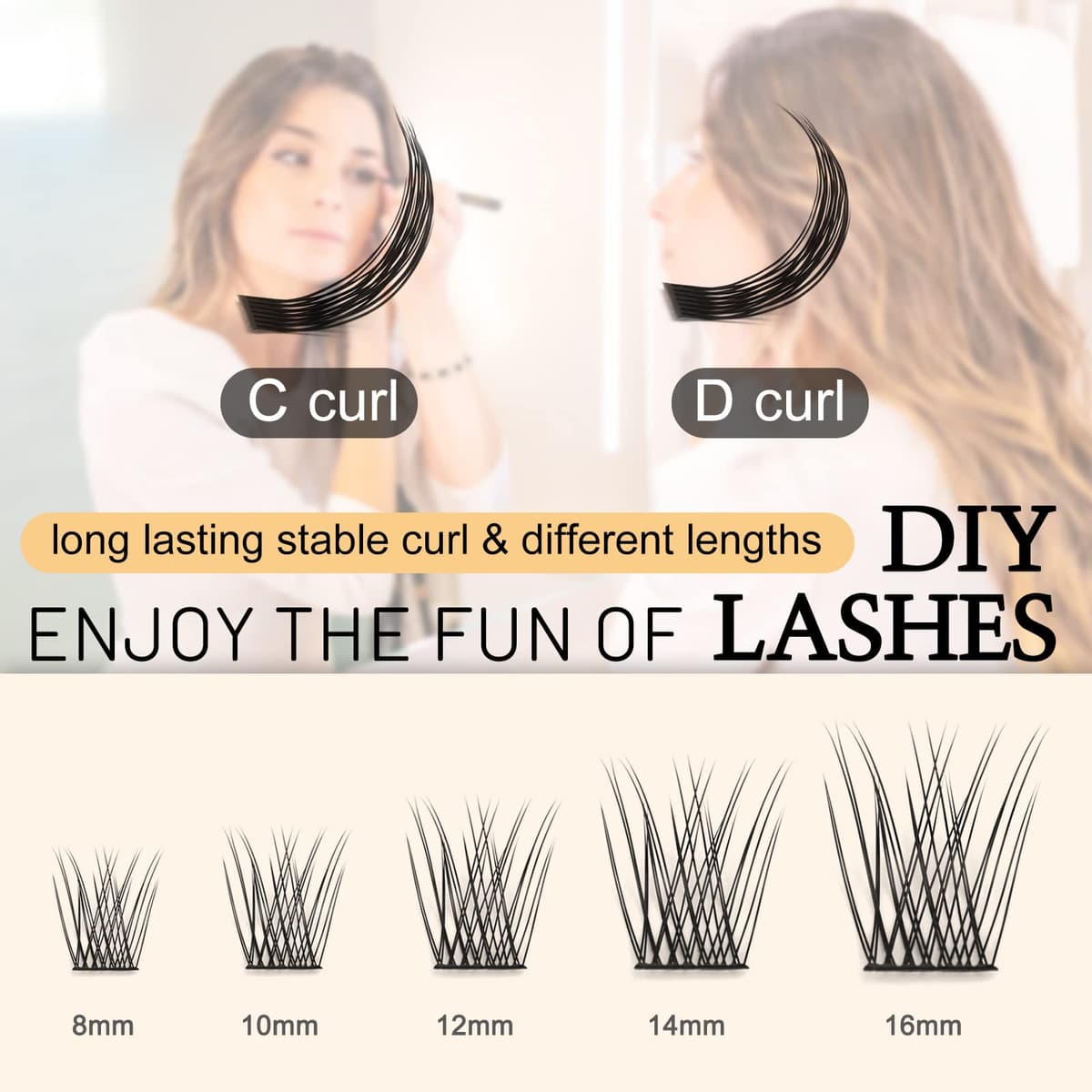 QUEWEL DIY Cluster Lashes - 144 Pcs Wide Stem Individual Eyelashes C Curl MIX8-16mm - Soft & Light For Home Use (Natural-C-MIX8-16) — view 5
