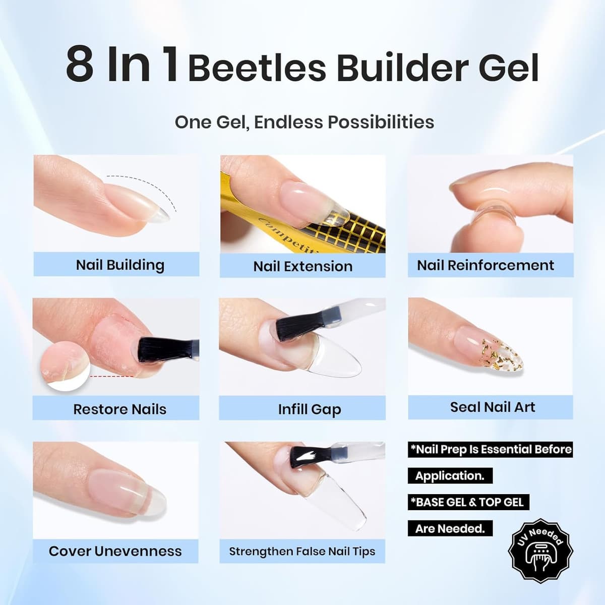 beetles Gel Polish 7 in 1 Clear Builder Nail Gel Set, 2Pcs 15ml Building Gel for Nail Apex Brush in Strengthener Hard Gel Extension Nail Gel in a Bottle, Led Nail Lamp Gel Rhinestone Nail Glue Gel — view 4