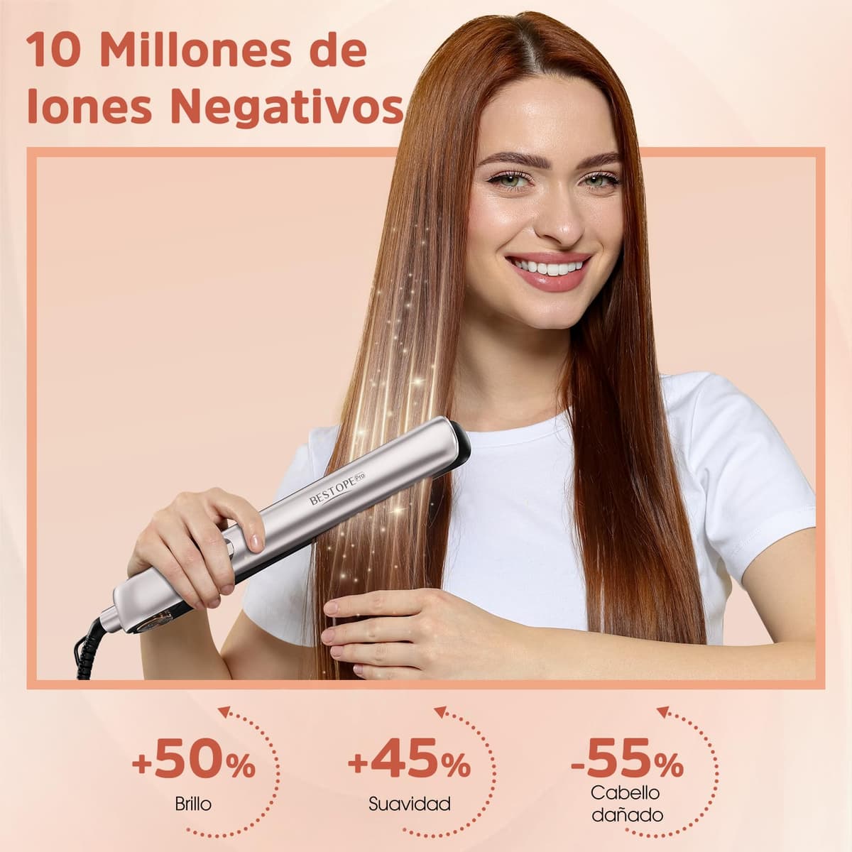 Planchas del Pelo Con Pantalla Digital - Plancha de Pelo Profesional, Tecnología Iónica Anti Frizz, Placas Flotantes Extralargas, Calentamiento Rápido, 5 Ajustes de 120°C a 230°C (Champán) — view 2
