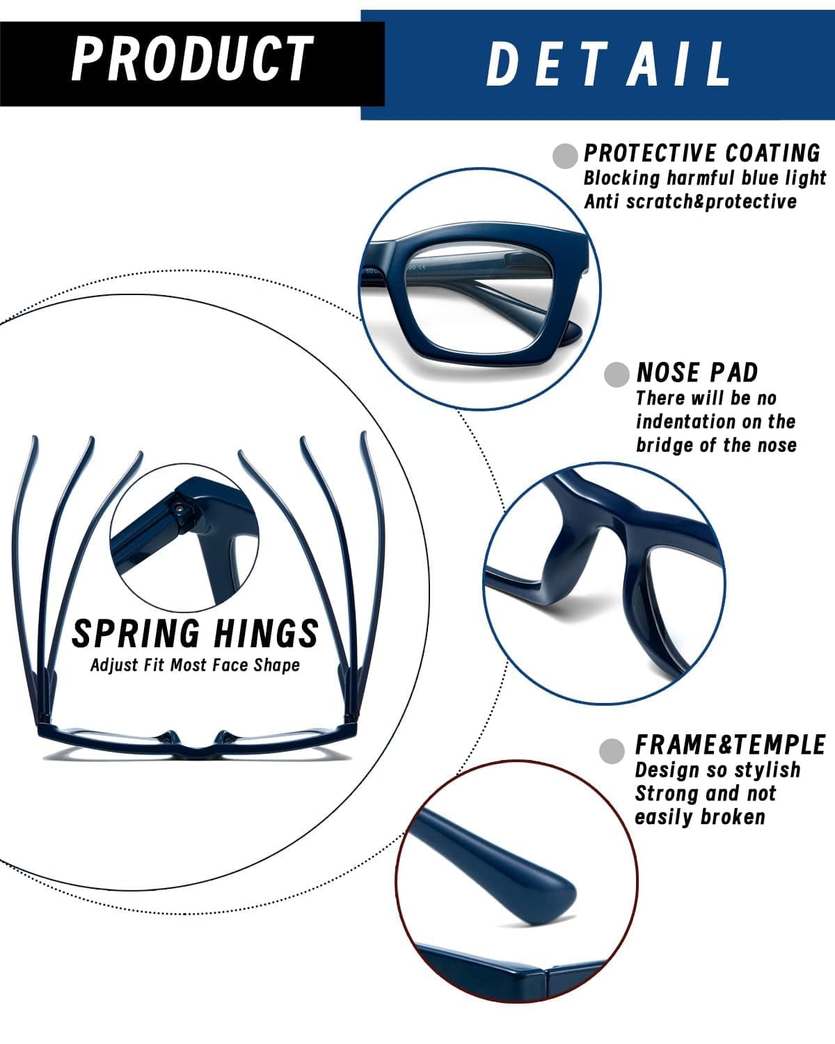 Hubeye Gafas de lectura para Mujeres de Moda Anteojos de lectura con Bisagra de resorte ultraligeras anti luz azul (Negro+Leopardo+Azul, 2.00) — view 4