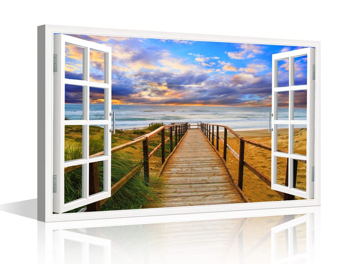 TISHIRON 3D Window View Seaside Effect Canvas Wall Art Prints for Living Room Bedroom Decor Office Kitchen Home Decoration Framed Ready to Hang 12x18inch — view 11