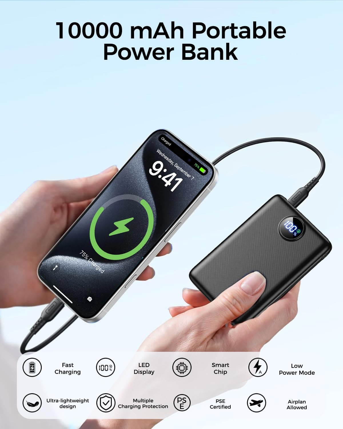 Power Bank Fast Charging 10000mAh, 22.5W Portable Charger(USB-C Input & Output), PD 3.0 QC 3.0 External Mobile Phone Battery with LED Display, Compatible with iPhone 17 16 15 14 13 12 Pro Max and More — view 4