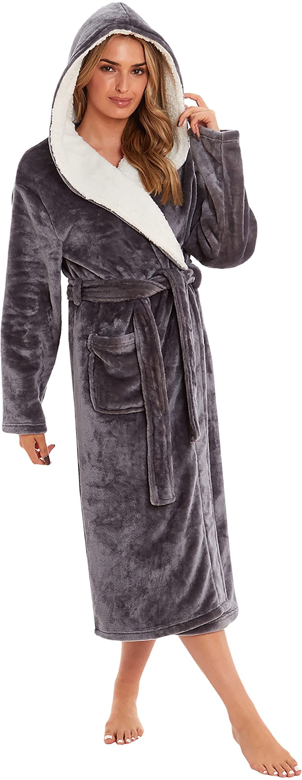 KATE MORGAN Ladies Dressing Gown Fluffy Super Soft Hooded Bathrobe for Women Plush Fleece Perfect Loungewear Long Robe | Gifts for Women — view 38