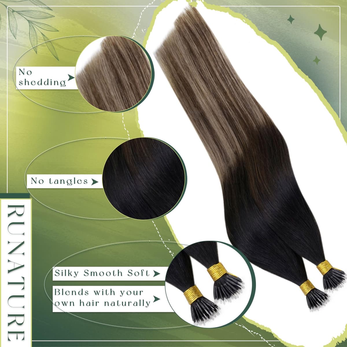 RUNATURE 18 Inch Nano Hair Extensions Real Human Hair Black Balayage Brown Nano Beads Hair Extensions Real Human Hair Ombre Blonde Invisible Straight Remy Nano Rings Hair 50g 50s #1b/4/27 — view 4