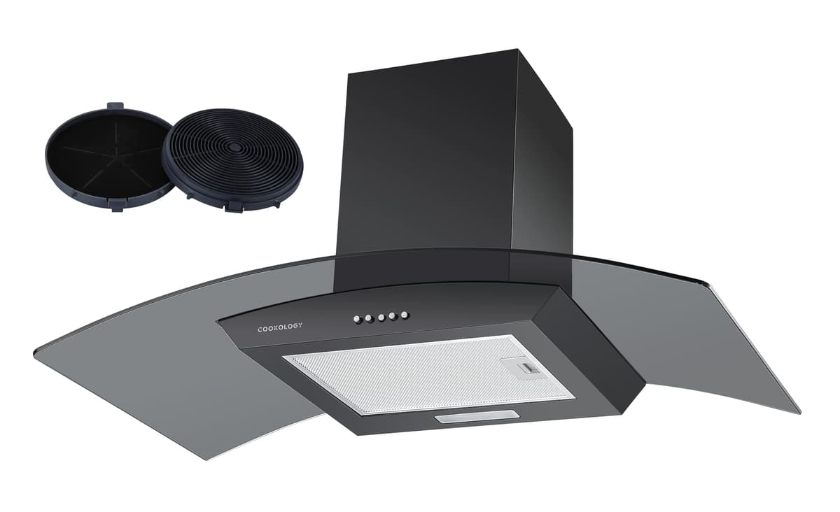 Cookology CGL900BK/A Cooker Hood Chimney Kitchen Extractor Fan 90cm with Carbon Filters, Recirculating Wall Mounted, Curved Glass, Energy Rating A, 3 Speed Settings, LED, Adjustable Height - Black