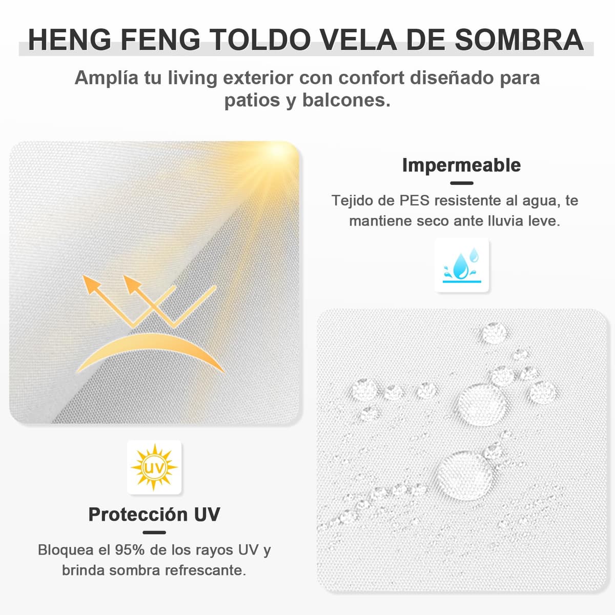 HENG FENG Toldo Vela de Sombra Rectangular 4x5m, PES 160 g/m² Impermeable, 95% Bloqueo UV, para Exterior en Terraza, Jardín, Patio - Incluye Cuerda de Fijación - Beige — view 3