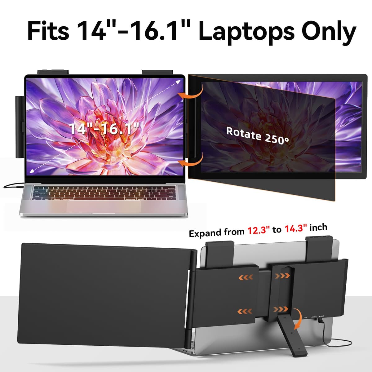 Laptop Screen Extender, 14" 1080P Portable Monitor, Type-C HDMI Plug and Play for 13.3" - 16.1" Laptops, 270° Rotation Attachment Display for Windows/MacOS/Chrome Laptop Phone — view 2