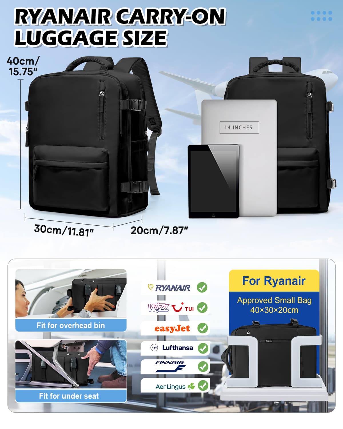 BJLFS Mochila Viaije Cabina Avion 40×30×20 Ryanair Wizzair Mochila al Vacío Equipaje de Mano 40x20x25 Maletas De Viaje Cabina Bolsa de Viaje Mujer para Cabina avion Mochila Portatil 14 Pulgadas — view 3
