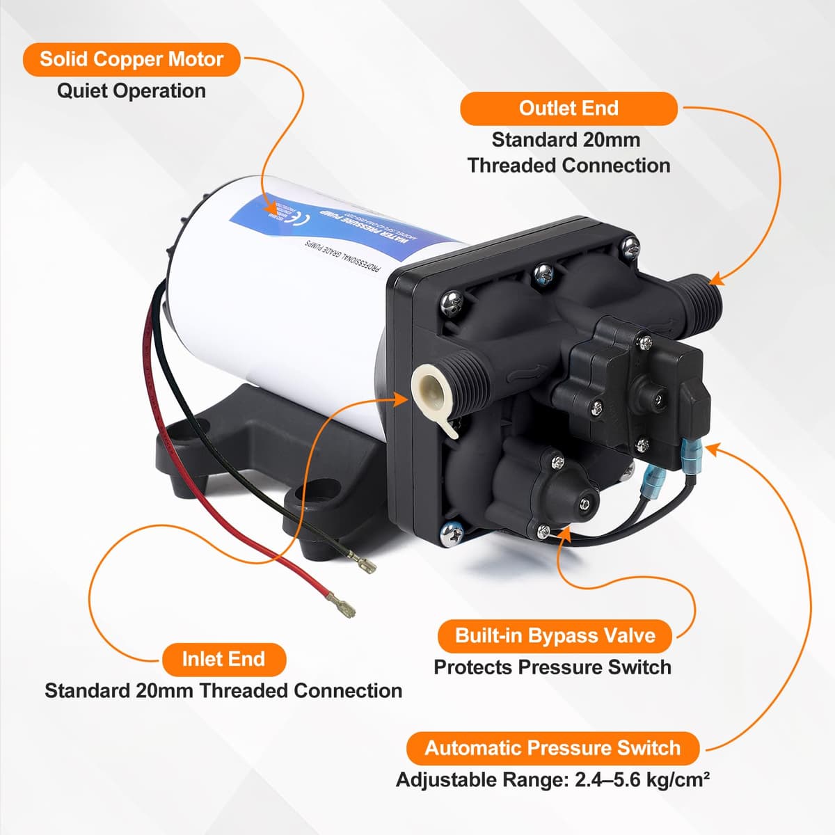 CPROSP Bomba de Agua 12v, 11,3L/min 49,2W, Bomba de Membrana Autocebante para Autocaravana, Bomba de Diafragma con Interruptor de Presión, 3,8Bar (55Psi), para Caravanas, Autocaravanas, Barcos — view 5