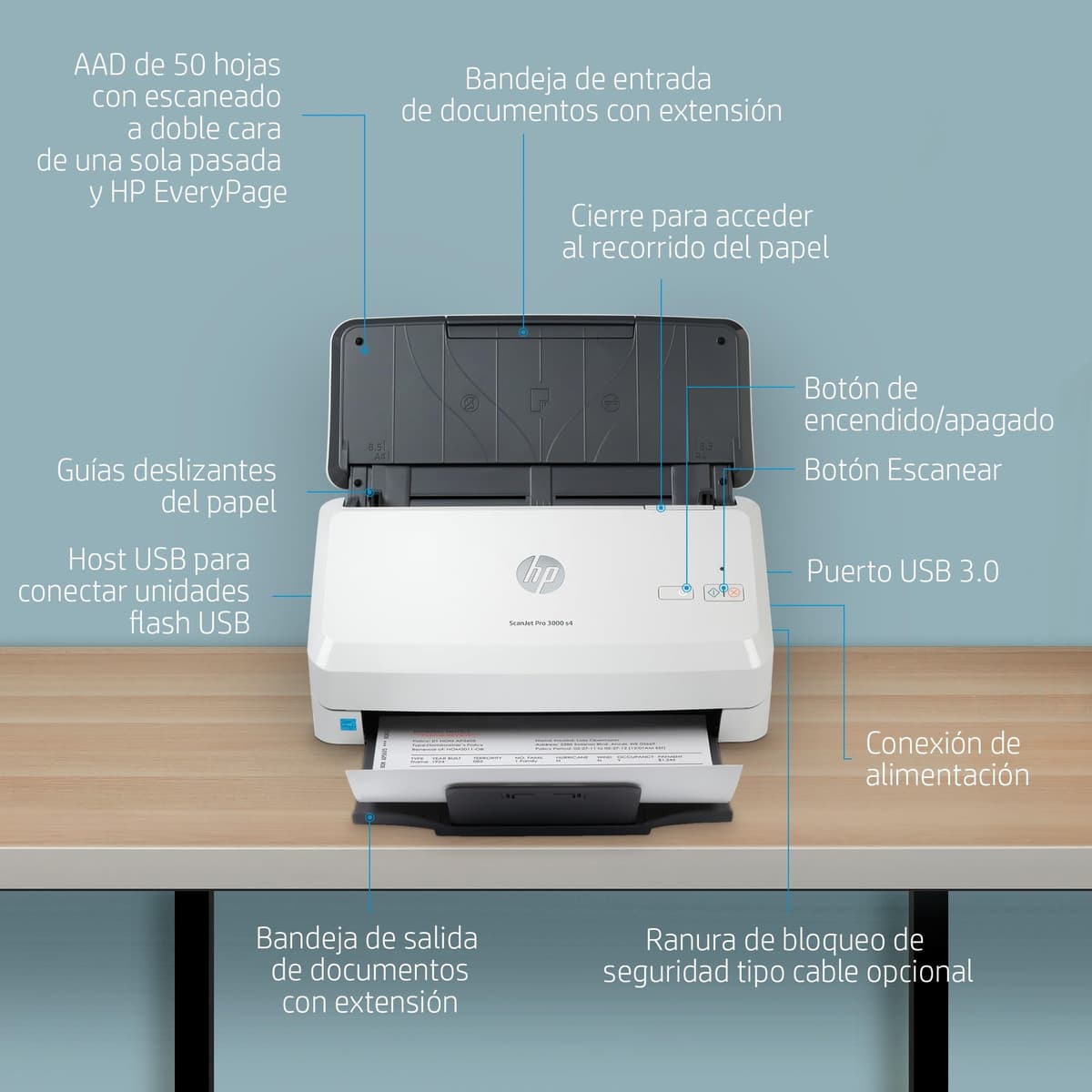 HP ScanJet Pro 3000 s4 - Escáner de Documentos con Alimentador de Hojas, Escaneo Doble Cara Automático, 40 ppm/80 ipm, AAD 50 Hojas,USB 3.0, Compacto, Ciclo Diario 4000 Páginas — view 7