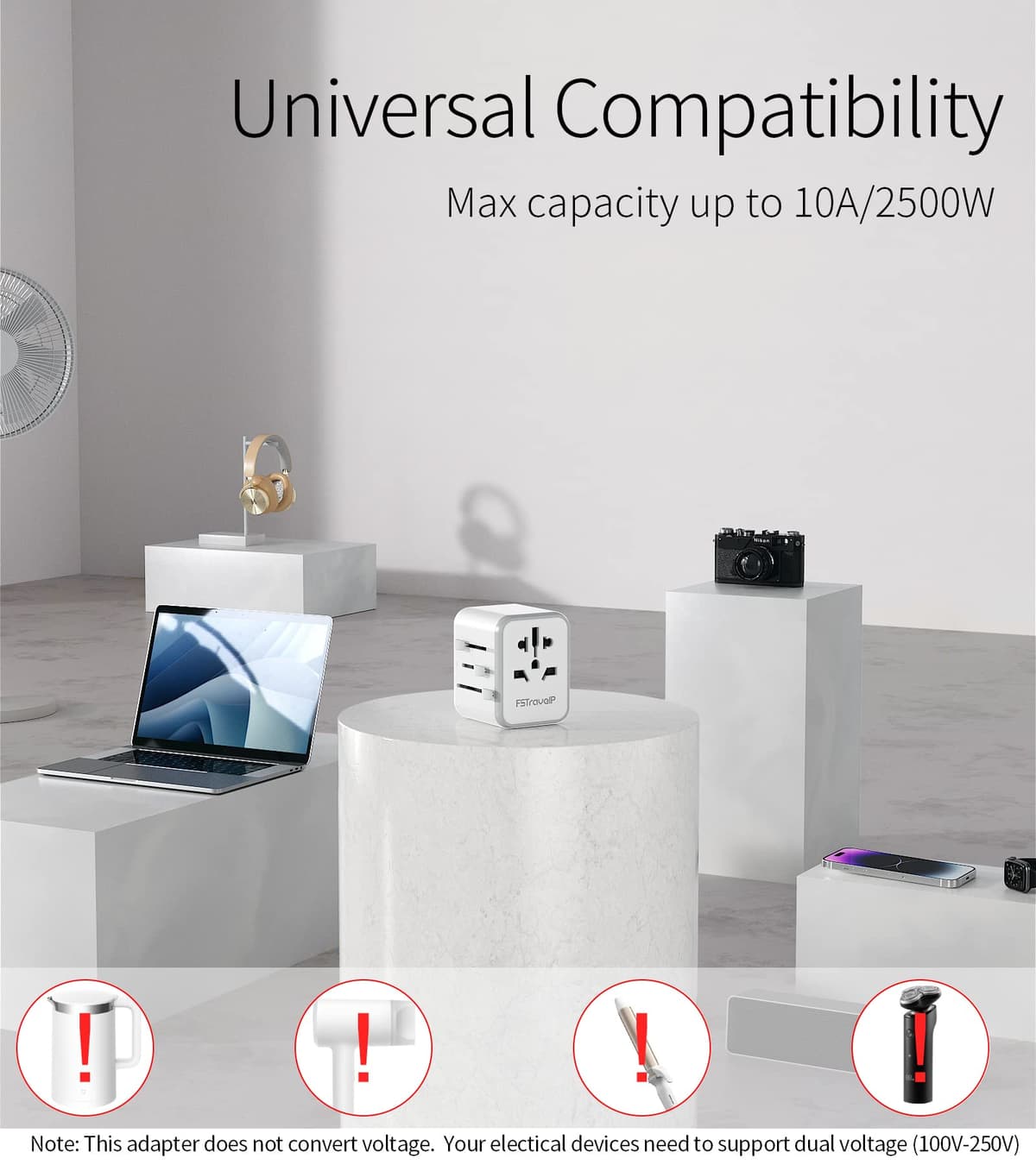 Worldwide Travel Adapter with USB, FSTravelP Universal Plug Adapter with 2 USB & International AC Socket, Dual 10A Fuses, All In One Travel Plug Adapter Worldwide for USA UK EU AU CN 150+ Countries — view 5