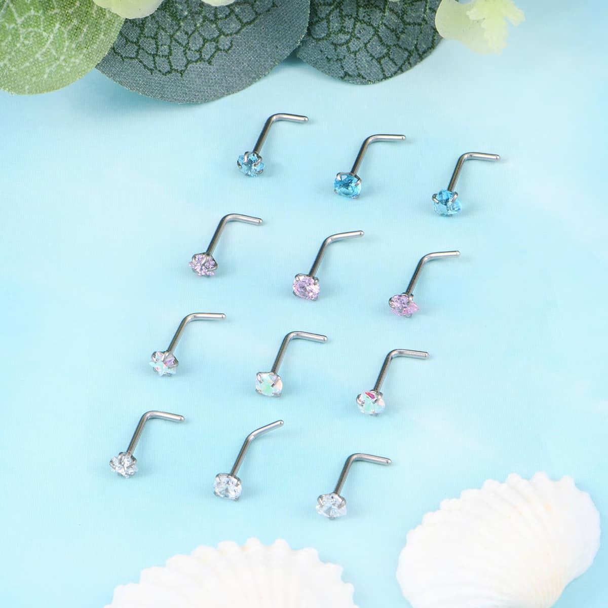 WillTen 20G Nose Studs L Shape Women Nose Studs Colorful Diamond CZ Silver Stainless Steel Heart Start Piercing Jewelry — view 3