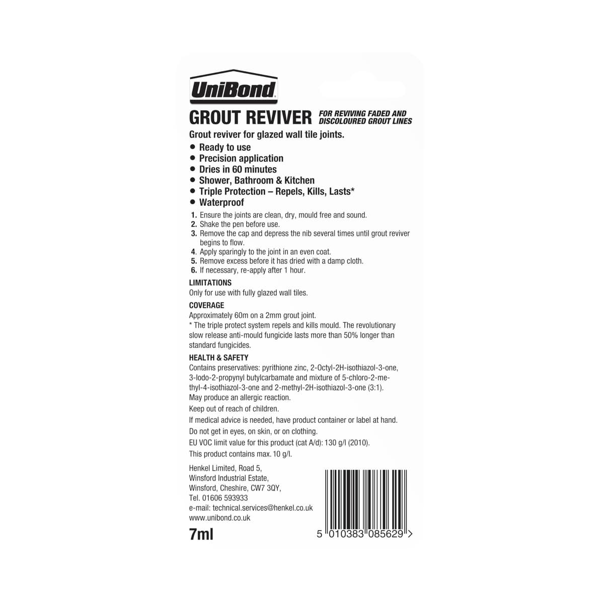 Unibond Grout Reviver Pen, White Grout Pen for Bathroom Grout Joints, Easy to Use Tile Grout Pen, Whitener for Restoring Discoloured & Faded Joints, 1x7ml — view 2