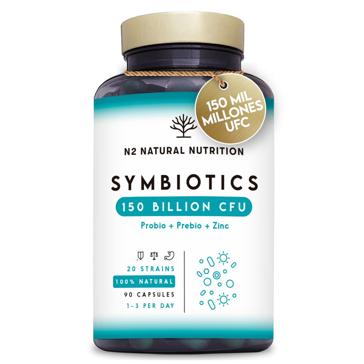 Probioticos 150 mil millones UFC y 20 Cepas. Máxima concentración de Probioticos y Prebioticos intestinales y Zinc. Terapia de choque 76 Días. Colon irritable y gases. Vegano. CE. N2 Natural Nutrition