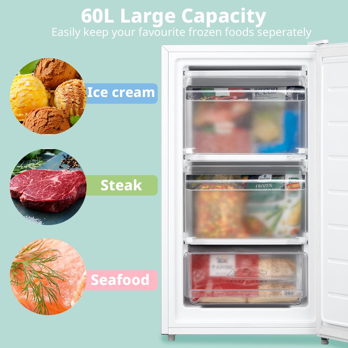 COMFEE' RCU60WH2(E) 60L Freestanding Under Counter Upright Freezer, 4-Star Freezer up to -24°C, 3 Storage Compartmen, Adjustable Thermostat, Reversible Door, White — view 4