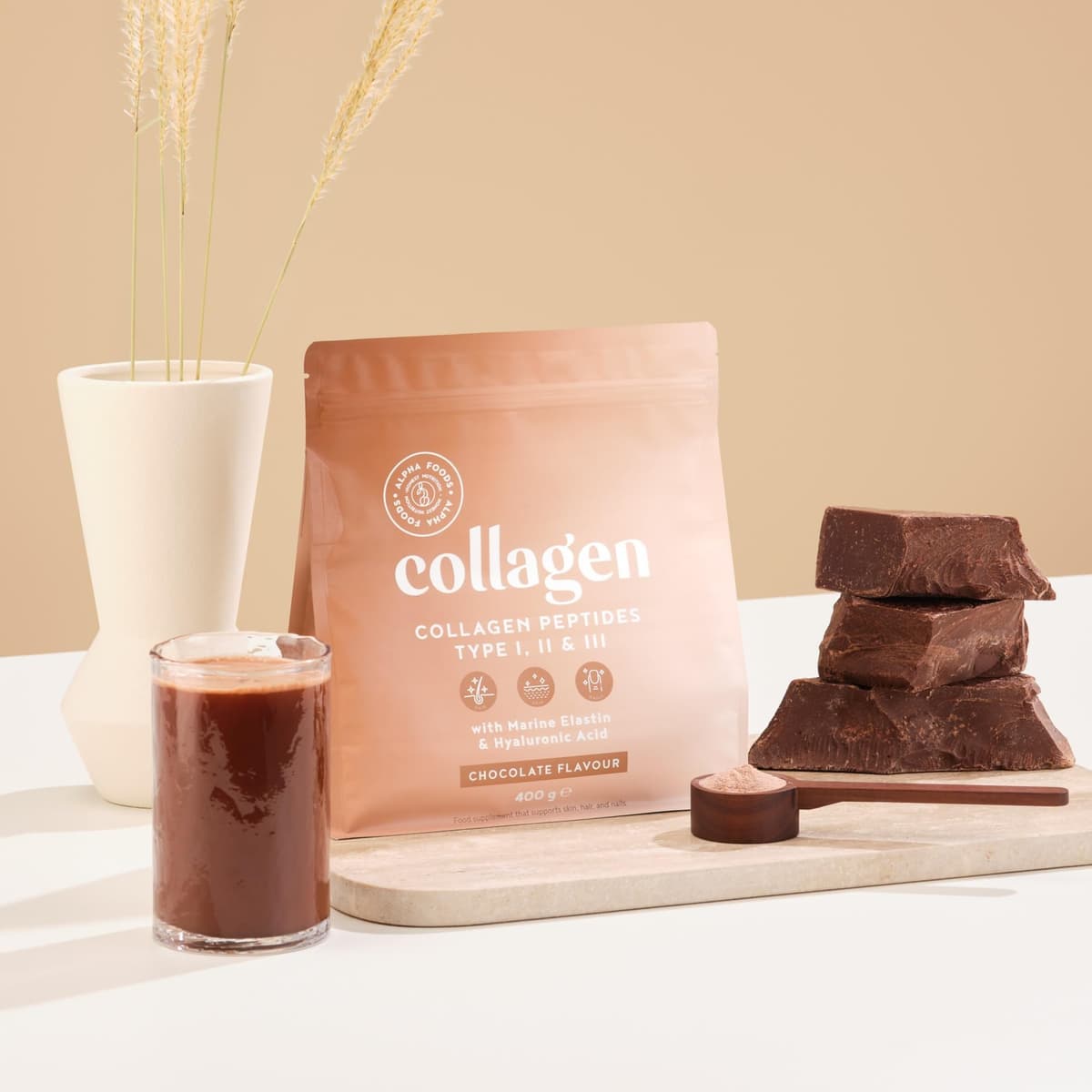 Colágeno en Polvo 400g | Péptidos de Colageno Hidrolizado con Acido Hialuronico y Elastina Marino | Collagen Peptides Tipos I, II, III | Sabor Chocolate | Alpha Foods — view 2