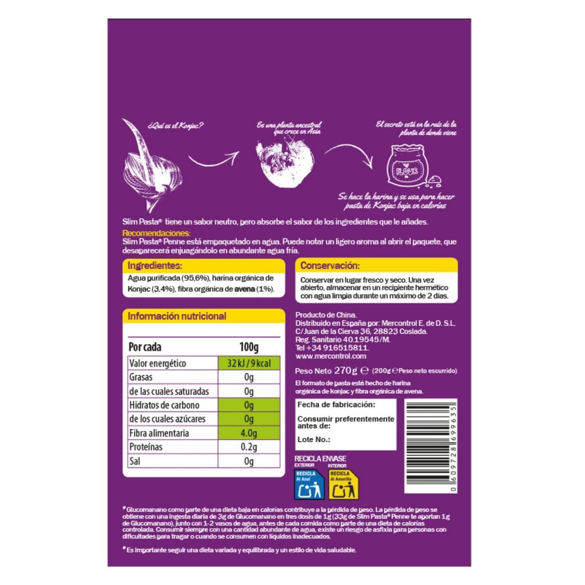 Slim Pasta - Pennes de Konjac - 270 g - Sin Calorías ni Carbohidratos - Ideal para Dietas Keto y Low Carb - Aptos para Veganos - Elaborados con Agua Purificada, Fibra de Avena y Harina de Konjac — view 2